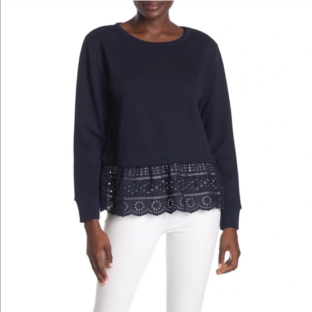 J. Crew Eyelet Drop Hem Crew Neck Terry Sweatshirt - Navy